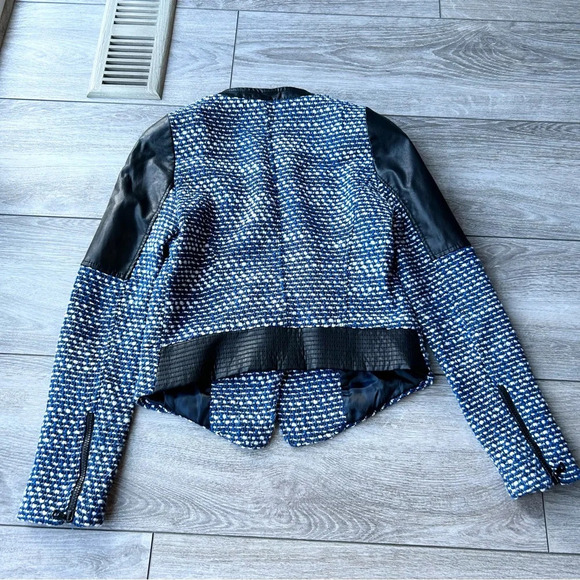 Zara Trafaluc Blue Black Tweed Faux Leather Moto Jacket - Picture 13 of 16